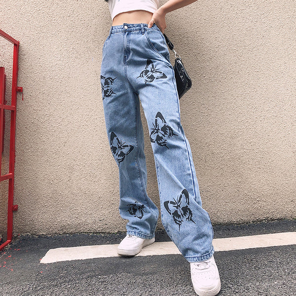 Pantalones Vaqueros Rectos con Mariposas Fashion