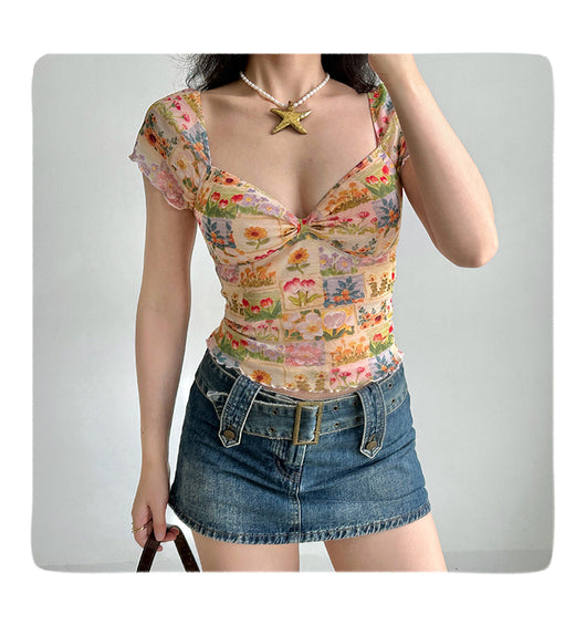 Blusa Estampada con Flores al Óleo, Cuello en V y Manga Corta de Malla para Mujer - Image 2