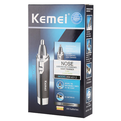 Black and silver Kemei KM-6512 dry battery electric nose hair trimmer with a sleek design. - Image 3