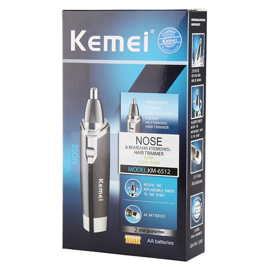 Black and silver Kemei KM-6512 dry battery electric nose hair trimmer with a sleek design. - Image 3