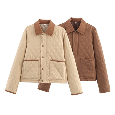 Chaqueta Corta de Algodón Cuello Solapa Diseño Cuadros Diamante Otoño Invierno - Image 9