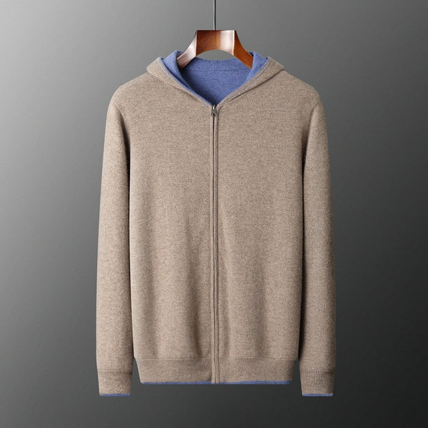 Cardigan Cashmere con Capucha y Cierre de Doble Cara para Hombre
