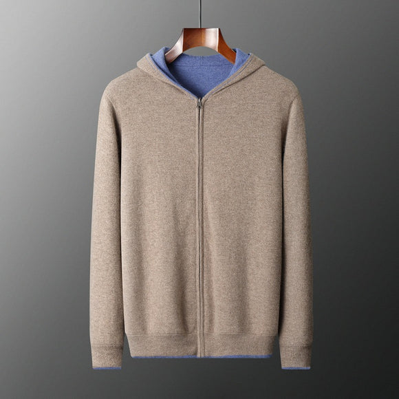 Cardigan Cashmere con Capucha y Cierre de Doble Cara para Hombre