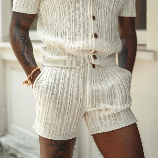 Conjunto Casual con Patrón Vertical - Camisa Slim con Solapa y Shorts - Image 11