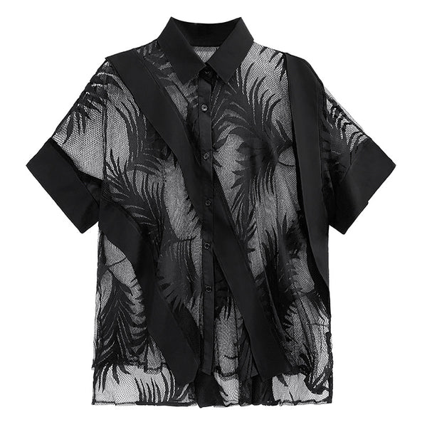 Blusa Retro de Encaje Transparente para Mujer
