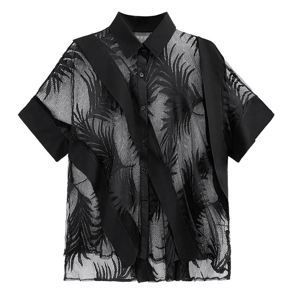 Blusa Retro de Encaje Transparente para Mujer
