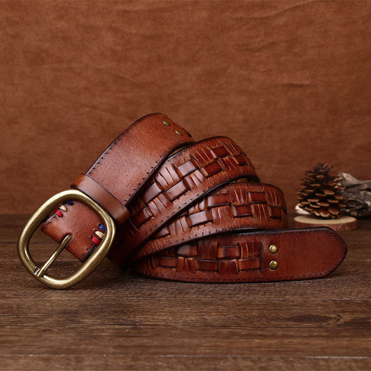 Cinturón de Cuero Tejido a Mano para Hombre con Hebilla de Latón Ajustable sin Perforaciones - Image 8