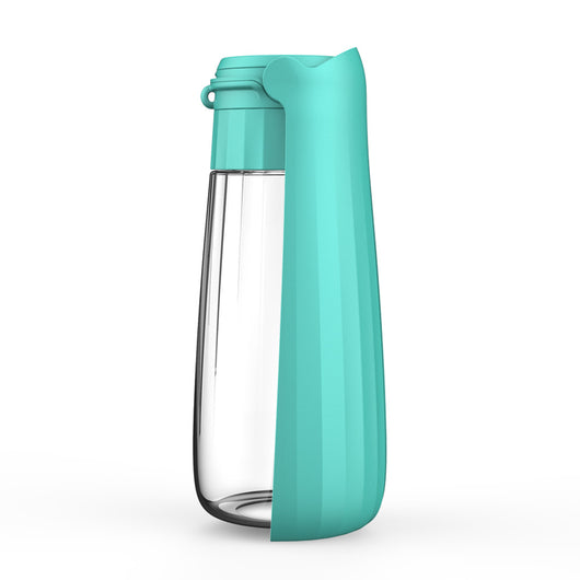 Yellow 450ml portable pet water bottle with a folding drinking trough and white wrist strap, on grass. - Image 3
