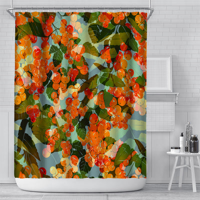 Shower curtain with a vibrant digital print of orange berries and green leaves on a light blue background, in a modern bathroom. - Image 7