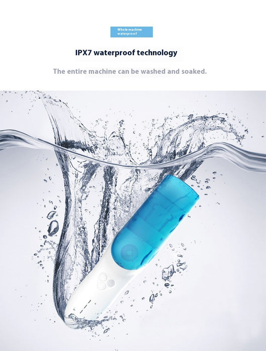 White and blue electric hair clipper with a transparent blue hair disposal compartment, shown with text highlighting its easy-clean feature. - Image 10