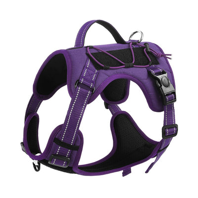 Purple pet harness with reflective straps, a top handle, and a metal D-ring for leash attachment. - Image 10