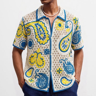 Polo Cardigan de Punto Calado Étnico Retro para Hombre