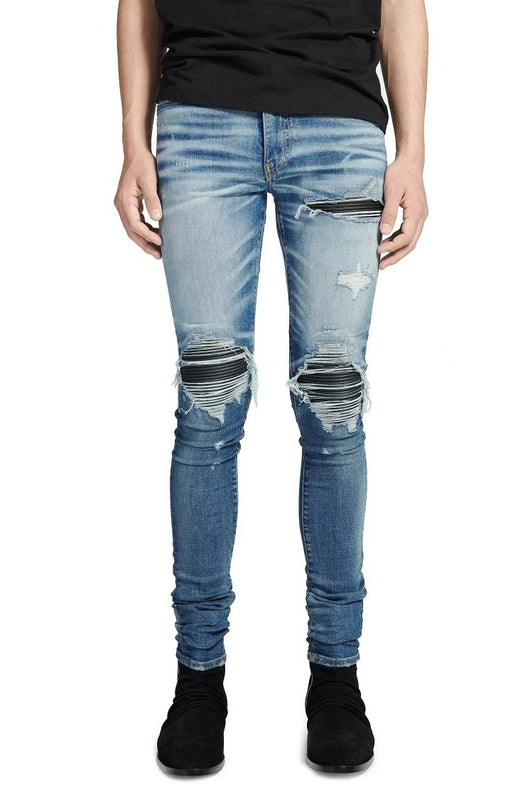 Jeans Vintage Desgastados con Parches de Cuero y Diseño Patchwork para Hombre - Image 20