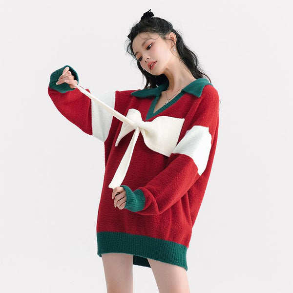 Suéter Navideño Rojo con Lazo - Diseño Moderno y Acogedor para Mujer