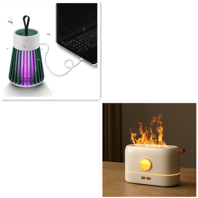 USB mosquito killer lamp with purple UV light and a white desktop humidifier with a simulated flame effect. - Image 12