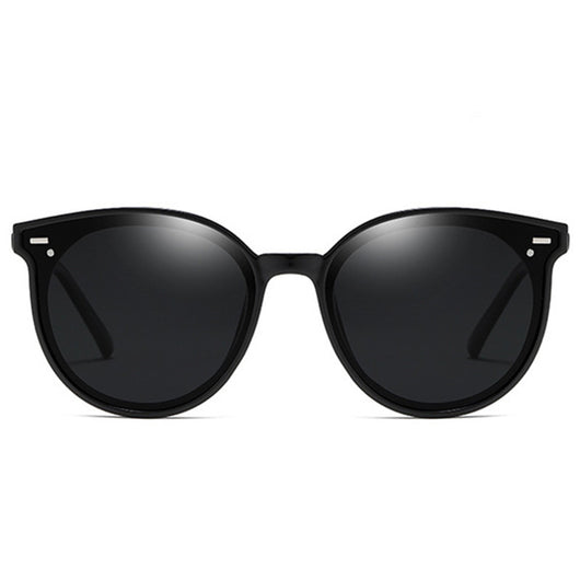 Transparent gray round frame polarized sunglasses with black-gray lenses on a white background. - Image 16
