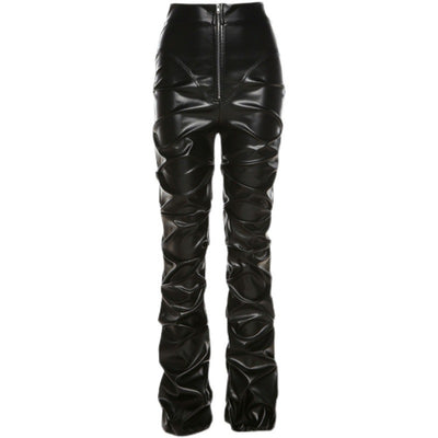 Pantalón de Cuero PU Plisado Cintura Alta Negro - Image 10