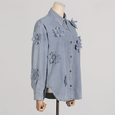 Blusa Denim con Flores 3D - Estilo Minimalista para Verano - Image 13
