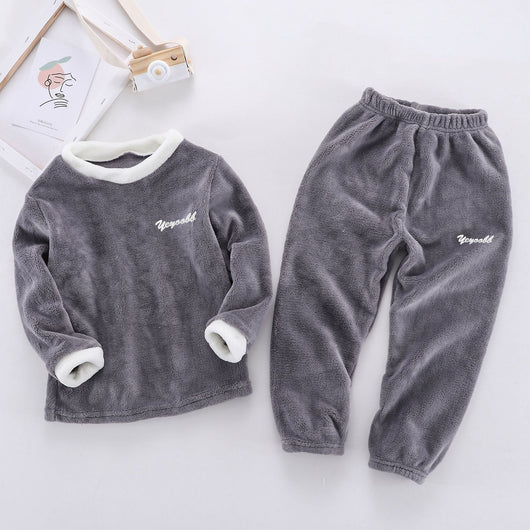 Reddish-brown coral velvet children's loungewear set with a long-sleeved top and matching pants, featuring white trim. - Image 10