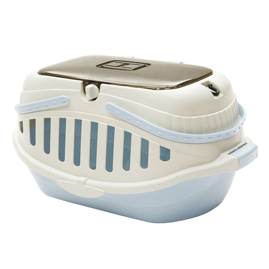 White and pink portable pet carrier with a transparent brown top, ventilation slots, and a sturdy handle. - Image 2