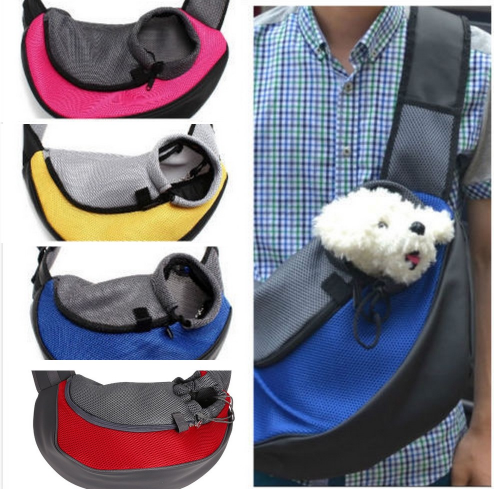 Green and black mesh pet carrier sling bag with a drawstring opening and a yellow flower-shaped zipper pull.