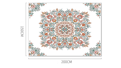 White bohemian retro tapestry with a central coral, teal, and brown floral mandala print and corner accents. - Image 5