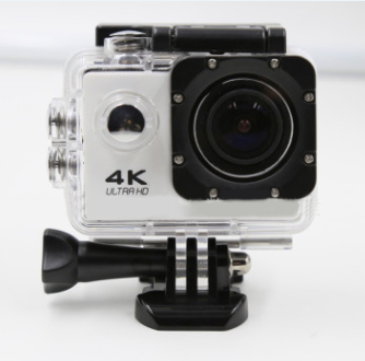 Pink 4K Ultra HD waterproof sport camera in a clear protective case with a black mount adapter.
