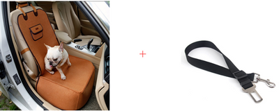 Light grey pet car seat with brown trim on a car's front passenger seat, holding two small dogs. Includes a black pet seatbelt tether. - Image 7