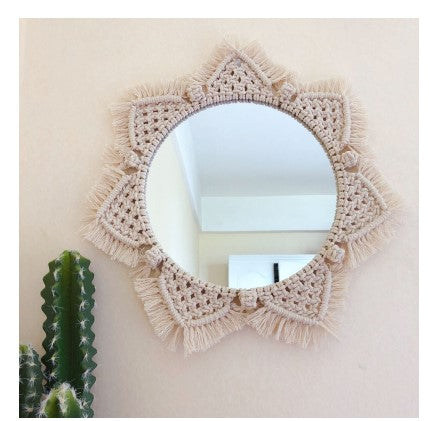 Espejo Decorativo Escandinavo Girasol - Tapiz Hecho a Mano con Anillo de Cosmético