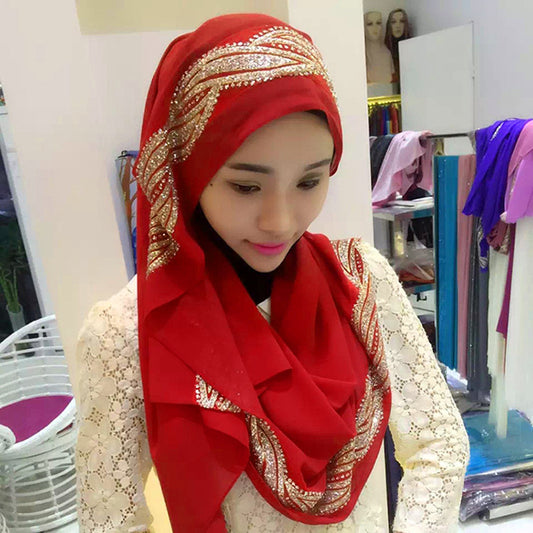 Hijab Chiffon Largo con Detalles Dorados