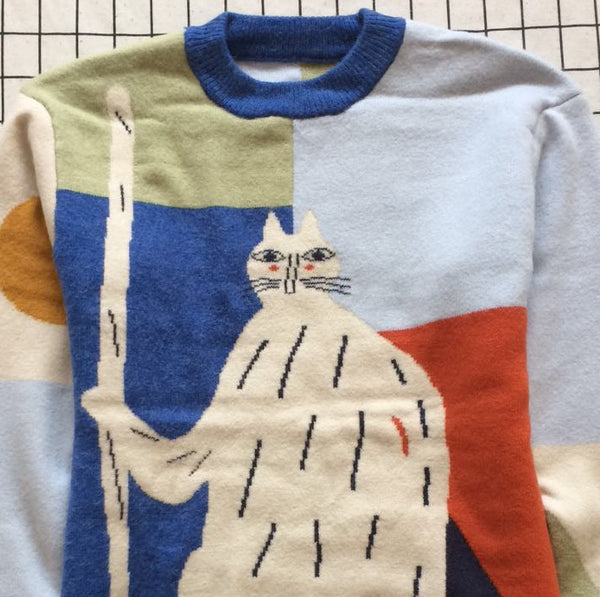 Suéter Holgado con Estampado de Gato Infantil y Costuras Multicolor