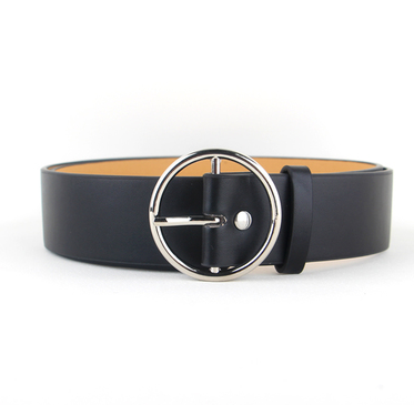 Black faux-leather women's belt with a shiny gold-tone round pin buckle, displayed on a white background. - Image 8