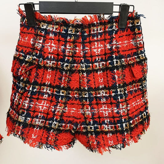 Shorts Tweed Cuadros Rojo y Negro con Botones - Image 2