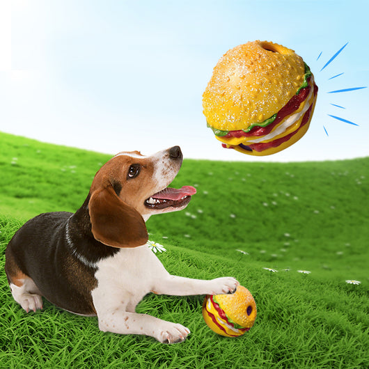 Yellow hamburger-shaped dog sound toy pet ball with red, white, and green details, featuring textured surfaces and purple sound components. - Image 5