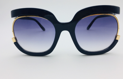 Black cat-eye half-frame sunglasses with gold accents and purple-grey gradient lenses, shown from front and side. - Image 21