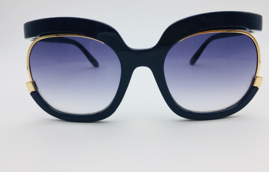 Black cat-eye half-frame sunglasses with gold accents and purple-grey gradient lenses, shown from front and side. - Image 21