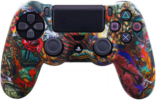 Blue silicone protective sleeve for PS4 Slim Pro controller with a vibrant graphic pattern of skulls and skeletons. - Image 16
