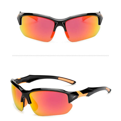 Black sports sunglasses with blue polarized lenses, shown from a front view and a three-quarter side view. - Image 29