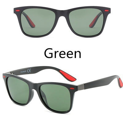 Black frame polarized sunglasses with blue mirrored lenses and blue and red accents on the temples. - Image 5
