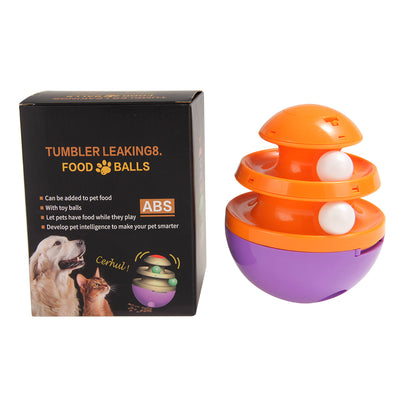 Orange and blue interactive pet food dispenser toy with multiple tiers and white balls, next to its black packaging. - Image 21