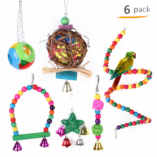 10-pack of colorful wooden and plastic bird toys, including swings, perches, and hanging bell toys for pet birds. - Image 15