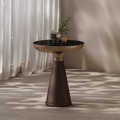 Mesa Auxiliar Redonda de Cristal Templado con Base de Madera Maciza - Diseño Moderno Lujo