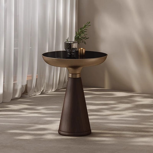 Mesa Auxiliar Redonda de Cristal Templado con Base de Madera Maciza - Diseño Moderno Lujo