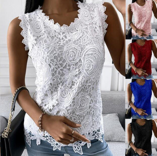Blusa Casual sin Mangas con Encaje y Cuello U