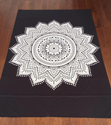 Large blue mandala hanging cloth with a detailed circular pattern and floral borders, made of chemical fiber. - Image 19