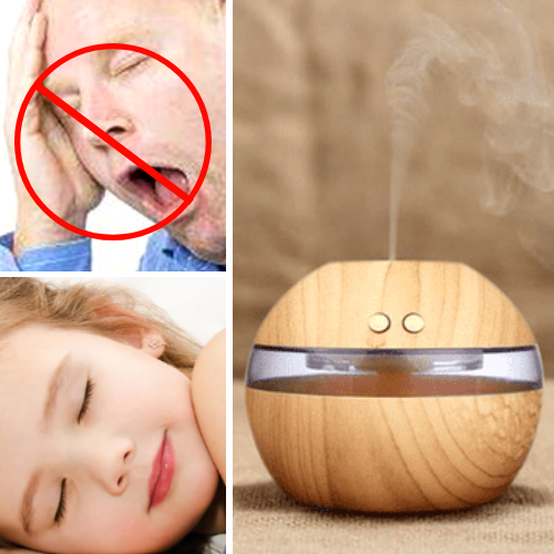 Mini essential oil diffuser humidifier with wood grain finish, USB cable, and instruction manual on a white background.