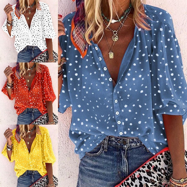 Blusa Estampada de Manga Larga con Cuello en V y Botones para Mujer
