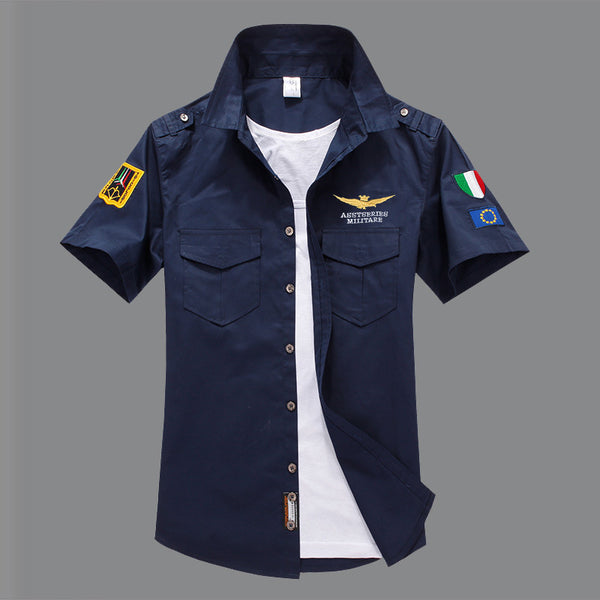 Camisa Militar Manga Corta Bordada para Hombre