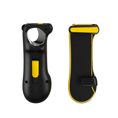 Black and yellow smartphone gamepad with a trigger button, shown from front and side views for mobile gaming.