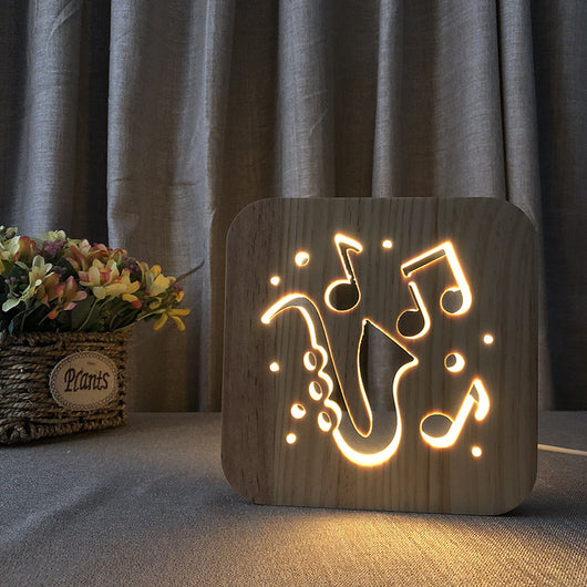 Lámpara 3D LED Notas Musicales - Guitarra, Saxofón y Violín con Grabado en Madera